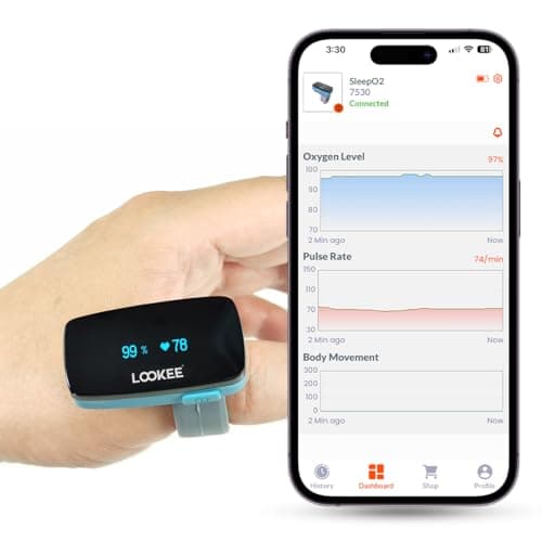LOOKEE Ring Continuous Pulse Oximeter - Wearable Oxygen Monitor with Vibration Reminder for Low O2 - Rechargeable Blood Oxygen Saturation Tracker for SpO2 & PR - Free APP with Reports