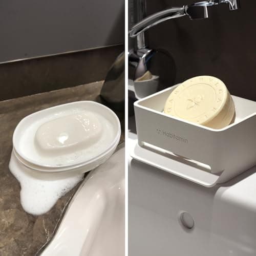 Habitamin Self-Draining Soap Dish – Fast Drying Soap Holder with 3 Suction Cups, Prevents Soap Melt & Water Buildup for Shower, Bathroom & Kitchen (Cool White) 7