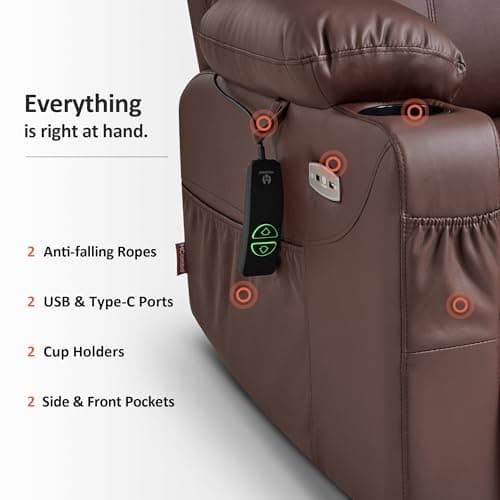 MCombo Electric Power Lift Recliner Chair Sofa with Massage and Heat for Elderly, 3 Positions, 2 Side Pockets, and Cup Holders, USB Ports, Faux Leather 7040 (Light Brown, Medium) 8