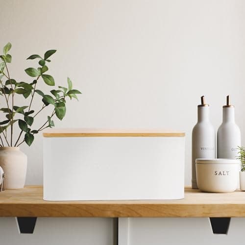 ZICOTO Beautiful Bread Box With Wooden Lid For Your Kitchen Countertop - Spacious Container Perfectly Stores Your Homemade Bread, English Muffins & Bagels - Quality Cutting Board Lid Keeps Loaf Fresh 7
