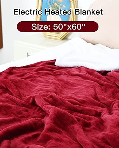 McJaw Electric Heated Blanket Throw Size 50" x60”, 5 Heating Levels & 3 Hours Auto Shutdown, Super Soft Flannel with Sherpa, ETL Certified Overheating Protection, Red 6
