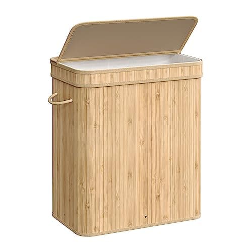 SONGMICS Laundry Hamper with Lid, Bamboo Laundry Basket, Removable Machine Washable Laundry Basket, with Handles, 26.4-Gallons, for Laundry Room, Bedroom, Bathroom, Natural Beige ULCB063N01
