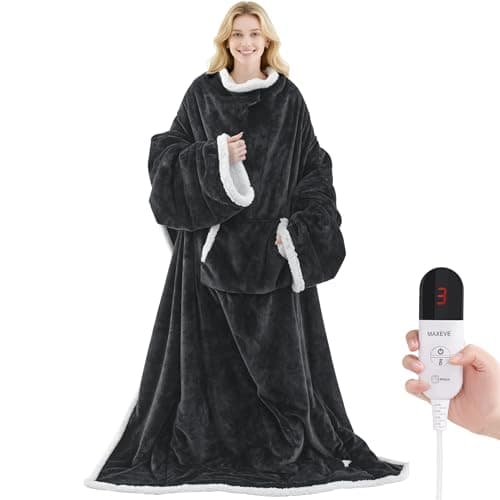 Heated Blanket Wearable Electric Blanket with Foot Pocket and Sleeves, Heating Throw Blanket, Electric Snuggle Blankets, 6 Heating Levels Setting & 4 Hours Auto Shut Off, Machine Washable (Long, Grey)