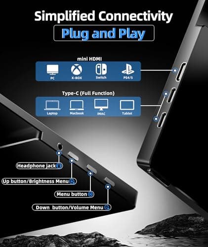 Ingnok Portable Monitor, 18.5 Inch FHD 1080P 100% sRGB Laptop Screen Extender USB C HDMI Portable Gaming Monitor w/Smart Cover & Speakers, External Monitor for Laptop Mac PC 6