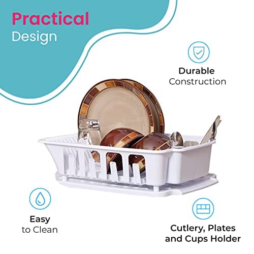 LavoHome Heavy Duty Sturdy Hard Plastic Sink Strainer Set with Dish Rack, Drainer & Drainboard, Easy to Clean with Snap Lock Tab Cup Holders for Home Kitchen Sink Organizers, Large, White 5