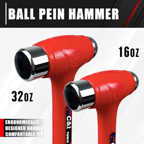 C&T 5-Piece Hammer Set, 16oz Ball Peen Hammer | 32oz Ball Peen Hammer | 32oz Rubber Mallet | 3lb Sledge Hammer | 3lb Cross Peen, Fiberglass Handle & Mallet Set 6