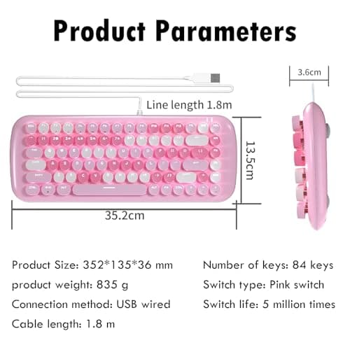 Lomiluskr Cute Colorful Wired Mechanical Keyboard for Girls and Kids, Round Keycaps, Compact 84 Keys, 10 Lighting Effects White Backlit, Pink Switch (Milk Tea) 8
