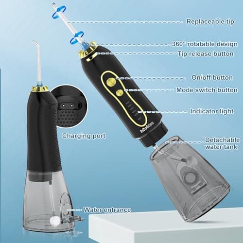 H2ofloss Water Dental Flosser Teeth Pick -Portable Oral Irrigator with 5 Modes, Rechargeable IPX7 Waterproof Orthodontic Teeth Cleaner Pick Cordless for Home Travel-300ml Water Tank Gold 5