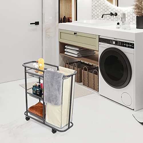 Doxbom Narrow Laundry Cart with Wheels,3 Baskets and 45L Laundry Bag Metal Rolling Cart for Small Space,Laundry Room Organization and Storage for Bathroom Living Room Apartment Dorm 6