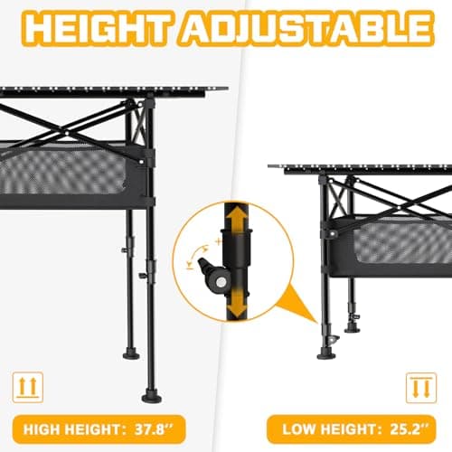 Height Adjustable Camping Table, Outdoor Folding Camping Table with Mesh Storage/Carrying Bag, Portable Aluminum Roll-up Table for Camping, Party, Backyard, BBQ 8