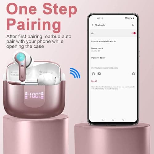 Wireless Earbuds, Bluetooth 5.3 Headphones 2025 NEW Ear Buds 40H Bass Stereo in-Ear Earphones ENC Noise Cancelling Earbuds with 4 HD Mic, USB-C LED Display IP7 Waterproof Sport Headset for Android iOS 5