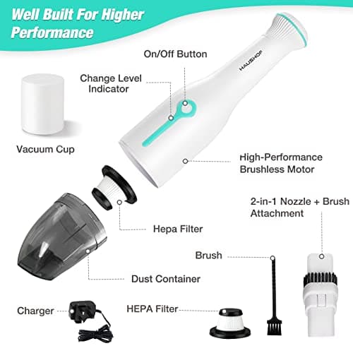 HAUSHOF Handheld Vacuum, Cordless Car Vacuum Cleaner 8000PA/12000PA 2 Modes with Cleaning Brush, Rechargeable Portable Mini Vacuum for Car, Home and Pet(White) 8