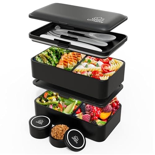 Umami Bento Box Adult All-In-1 w/4 Utensils, 2 Sauce Jar, 2 Dividers, 100% Leakproof, Microwave & Dishwasher Safe, Stackable Bento Lunch Box Containers for Men/Women, Matte Black, 40 oz
