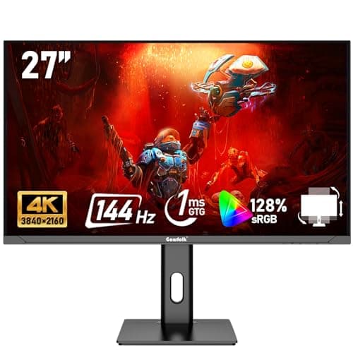 Gawfolk 27 inch IPS PC Screen, 4K Gaming Monitor 144Hz, 1ms, FreeSync, 128% sRGB, 178° Wide Viewing Angle, HDMI 2.1, DisplayPort,Height-Adjustable and Swivel,75 * 75MM Wall Mount Compatible - Black
