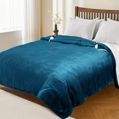 HOW'S MY HOUSE Heated Blanket 84" x 90", Dual Control Electric Blanket Queen Size with 10 Time Settings & 6 Heating Levels, Over-Heat Protection, Flannel Sherpa Super Cozy with ETL Certification, Blue