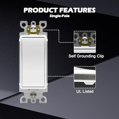 ThunderWay Single Pole Light Switch, Rocker Wall Light Switch, 15A 120/277V, Decorator On/Off Rocker Paddle Interrupter, UL Listed, White, 10 Pack 6