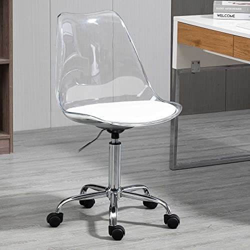 Villeston Acrylic Clear Desk Chair, Modern Small Cute Armless Vanity Rolling Plastic Chair Home Office Lucite Ghost Chairs Cushion Padded with Adjustable Height and Wheels, Clear