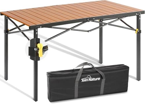 Join Nature 46.4" Large Folding Camping Table for 2-6 People - Heavy Duty Camp Table Foldable with Aluminum Roll-Up Top & Carry Bag - 220lbs Capacity, Portable for BBQ, Tailgating, Backyard (Natural)