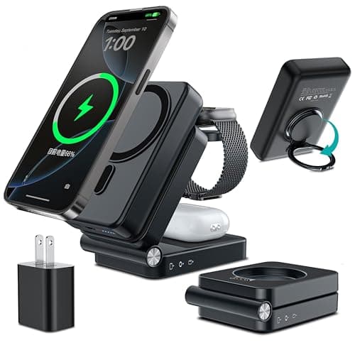 HUOTO 3 in 1 Foldable Magnetic Wireless for iPhone Charging Station,10000mAh Portable Charger Power Bank with Stand for MagSafe Battery Pack for iPhone 17/16/15/14/13/12 Series/Apple Watch/Air pods