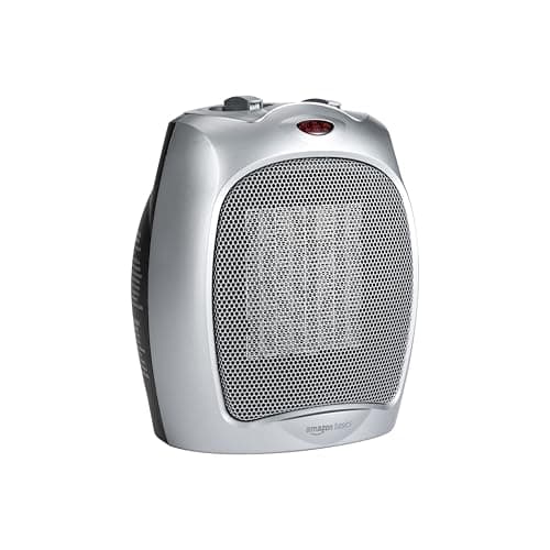 Amazon Basics Ceramic Space Heater, Portable Indoor Heating Solution, With Overheat and Tip-Over Protection, Thermostat, Non-Oscillating, 1500W, Fast Heating, 7.52"D x 6.34"W x 9.45"H, Silver