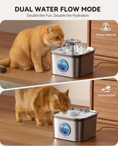 Stainless Steel Cat Water Fountain, 2.8L with 20dB Ultra-Quiet Pump- Ideal for Timid Pets, LED Water Level Window, Dishwasher Safe, 24/7 Circulation- Includes 3 Replacement Filters 6