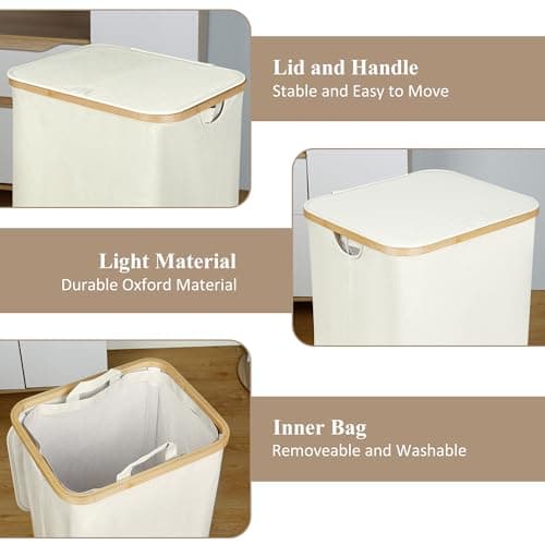 iEGrow Laundry Basket with Lid, 110L Large Laundry Hamper with Handle and Lid, Collapsible Clothes Basket Organizer with Removable Inner Bag for Clothes Toys Towels - Beige 5