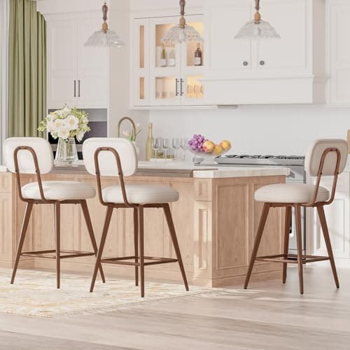 MALOL 26“ PU Leather Swivel Bar Stools Set of 3, Mid Century Counter Height Bar Chairs with Low Back and Metal Legs, Modern Bar Stool Chair for Kitchen Island, Beige