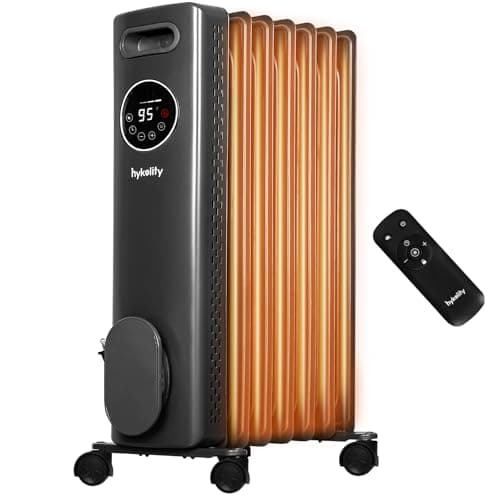 hykolity Electric Oil Filled Radiator, 1500W Portable Full Room Radiant Space Heater with Adjustable Thermostat, Remote, Led Display, Child Lock, Overheat & Tip-Over Protection, 24H Timer, Grey