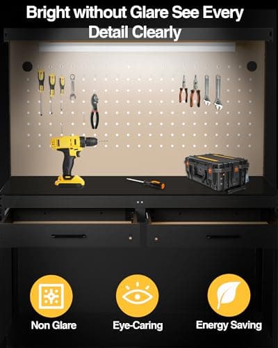 Pterying Work Benches for Garage, Heavy Duty Workbench with Drawers, Lights, Pegboard & 12 Hooks,60OLBS Capacity, Suitable for Tool Organizers and Storage, for Garage, Workshop, Basement,Garden 6