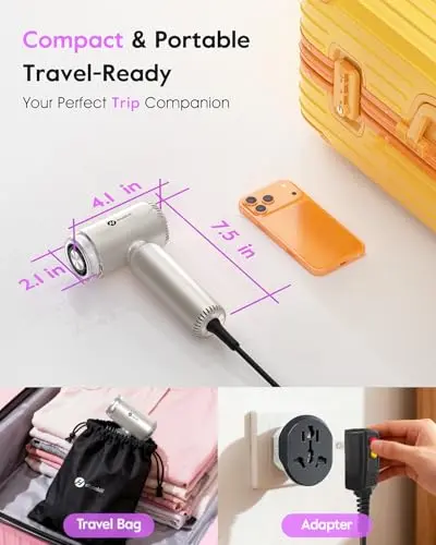 slopehill Dual Voltage Travel Mini Hair Dryer, Lightweight Ionic Blow Dryer, Professional Fast Drying, Compact Portabe Quiet Hairdryer with Magnetic Diffuser for Women, International European 100-240V 8