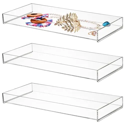 Peohud 3 Pack Acrylic Bathroom Trays, Clear Vanity Tray for Toilet Tank, Decorative Countertop Organizer for Perfume, Makeup, Cosmetics, Jewelry, Soap, Candle, Plant, 12 x 5.1 x 1.2 Inches