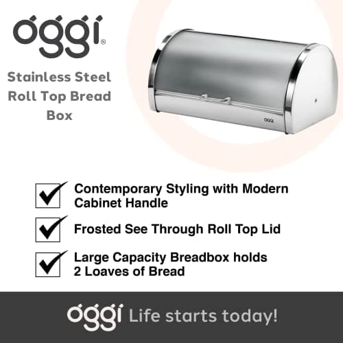 Oggi Stainless Steel Roll Top Bread Box for Kitchen Countertop with Frosted Plexilass Lid - Fits Multiple Loaves of Bread and Other Freshly Baked Goods Including Cookies, Bagels, Muffins 7