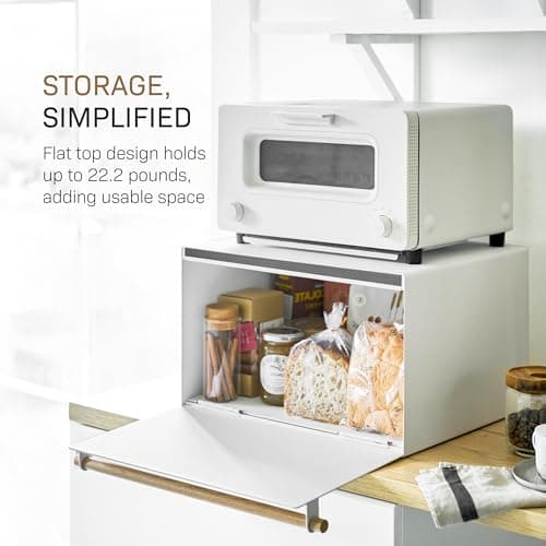 YAMAZAKI Home Modern Bread Box – Steel + Wood Countertop Bread Storage Container, Large White Bread Box for Kitchen Countertop, Space-Saving Bread Keeper, Easy Access Lid 5