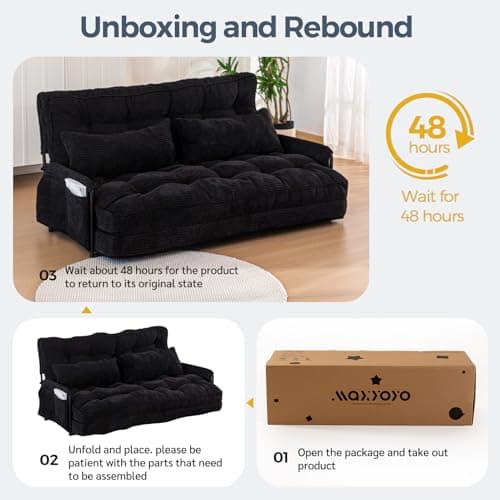 MAXYOYO Adjustable Floor Sofa Couch with 2 Pillows, Multi-Functional Bean Bag Bed, 5-Position Foldable Lazy Sofa Sleeper Bed with Armrest, Versatile Floor Seating for Reading, Black, Double 6