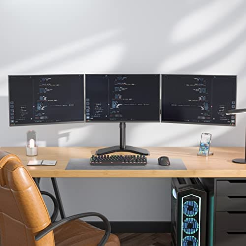 WALI Triple Monitor Stand, Free Standing Three LCD Monitor Fully Adjustable Desk Mount Fits 3 Screens up to 27 inch, 22 lbs Weight Capacity per Arm (MF003), Black 8