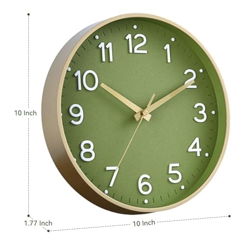 Roymnie Wall Clock Green, 10 Inch Silent Wall Clocks Battery Operated-Modern Non Ticking Analog Clock Decorative for Kitchen Bedroom Office Bathroom(Gold) 8