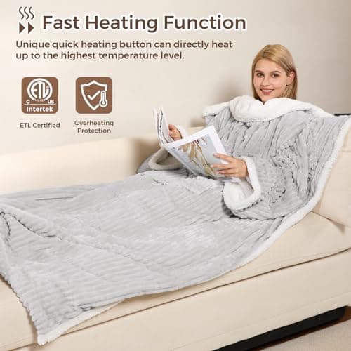Electric Blanket Heated Throw, Soft Flannel & Sherpa Wearable Heated Blanket with Sleeves, Heating Wearable Blanket with 6 Heating Levels & 12H Auto Off, ETL Certified, Home Office Use 52x72 Inch Grey 7