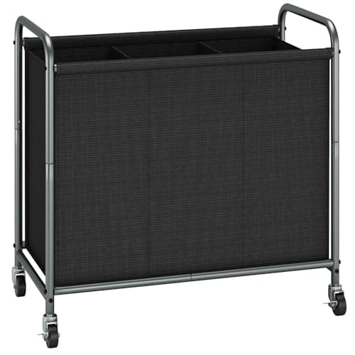 STORAGE MANIAC Rolling Laundry Hamper, 165L Laundry Basket with Lockable Wheels, Triple Clothes Sorter Cart, 3 Bag Clothes Separator Hamper for Closet, Bathroom, Laundrys Room, 3 Section Black