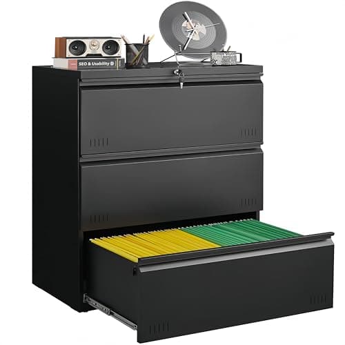 Guizeeopo Metal File Cabinet with Lock, 3 Drawer Lateral File Cabinets for Home Office, Heavy Duty Office Storage Cabinet for A4/Letter/Legal Size, Assembly Required(Black)
