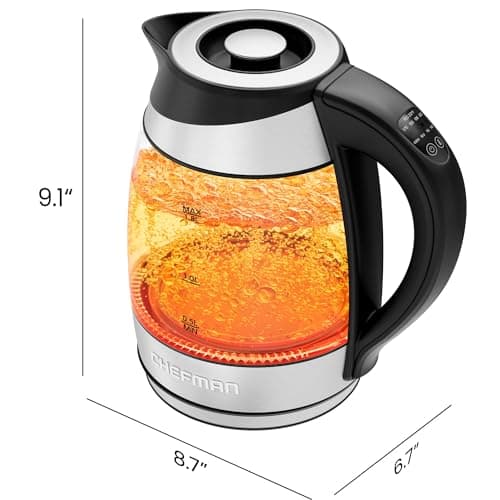 Chefman Electric Kettle with Temperature Control, 5 Presets LED Indicator Lights, Removable Tea Infuser, Glass Tea Kettle & Hot Water Boiler, 360° Swivel Base, BPA Free, Stainless Steel, 1.8 Liters 7