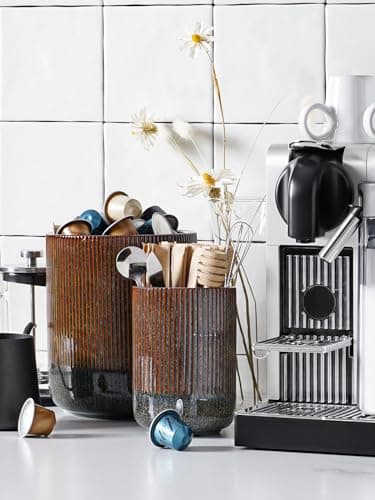 LE TAUCI Utensil Holder for Kitchen Counter, 7.3"+5.4" Fluted Ceramic Utensil Crock Organizer for Countertop, Heavy Large Holder for Spatulas, Spoons, Set of 2, Olive Brown Marble 6