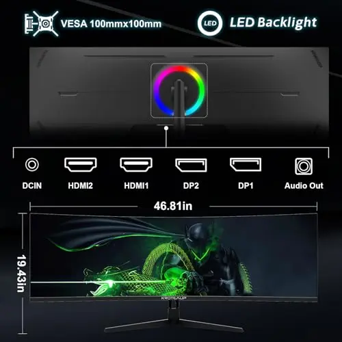 49 Inch Curved Ultrawide Gaming Monitor, 4K (3840x1080P), 165Hz, HDR10 1500R, 32:9, AMD FreeSync, 125% sRGB, Computer Monitor, HDMI/DP VESA100*100mm Black 7