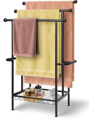 Haturi Free Standing Towel Rack for Bathroom, 3-Tier 39" H Black Metal Towel Drying Rack with Storage Basket, 24.4" L x 13" W x 39" H Rust-Resistant Outdoor Holder for Pool & Oversized Towels