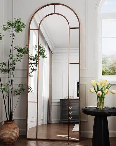 Antok 65" x 22" Full Length Mirror, Floor Mirror Arched Window Decorative Mirror, Metal Framed Decor Farmhouse Floor Mirrors Art Pane Mirrors Wall Decor for Bedroom, Living Room, Entryway Bronze