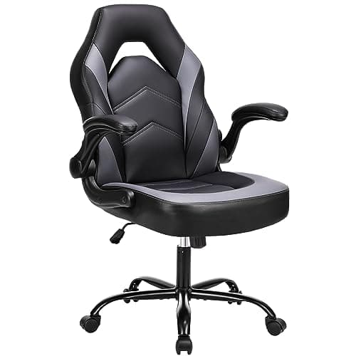 DUMOS Computer Game Desk Chair - Ergonomic PU Leather Lumbar Support, Height Adjustable High Back Video Game with Flip-up Armrest, Rolling Swivel for Adults, Grey