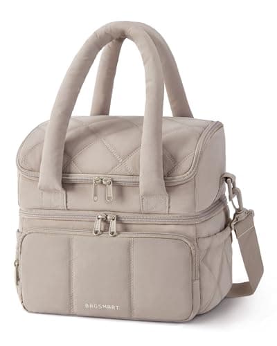 BAGSMART Lunch Bag Women, Double Deck Insulated Lunch Box, Quilted Puffer Lunch Tote, Leakproof, Durable & Reusable Large Lunch Cooler For Work Picnic Travel Meal Prep, Camel