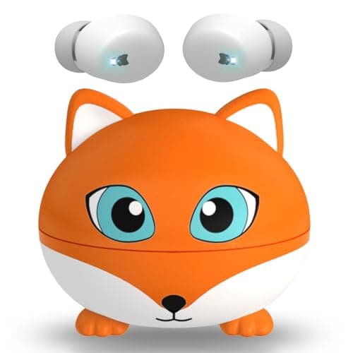 Kids Wireless Earbuds, 85dB Safe Volume, Kids Headphones Bluetooth with Charging Case, Built-in Mic, Touch Control, Waterproof, Earbuds for Boys Girls Teens,Compatible Phones Kindle School Tablet, Fox