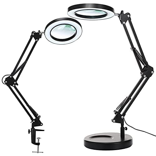 KIRKAS 10X Magnifying Glass with Light and Stand, 2-in-1 Stepless Dimmable LED Desk Lamp with Clamp, 3 Color Modes Lighted Magnifier Swivel Arm Light for Reading, Craft, Close Works - Black
