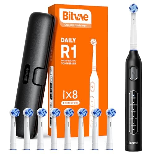 Bitvae R1 Rotating Electric Toothbrush with 8 Brush Heads for Adults and Kids, 60-Day Battery Life, 5 Modes Rechargeable Power Toothbrush with 2-Minute Smart Timer, Black
