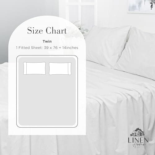 Linen Home Washed Cotton Percale Fitted Sheet Twin Size, White, 1 Deep Pocket Fitted Sheet, Soft and Cool Strong Bed Linen, 39"X76"+14" 6